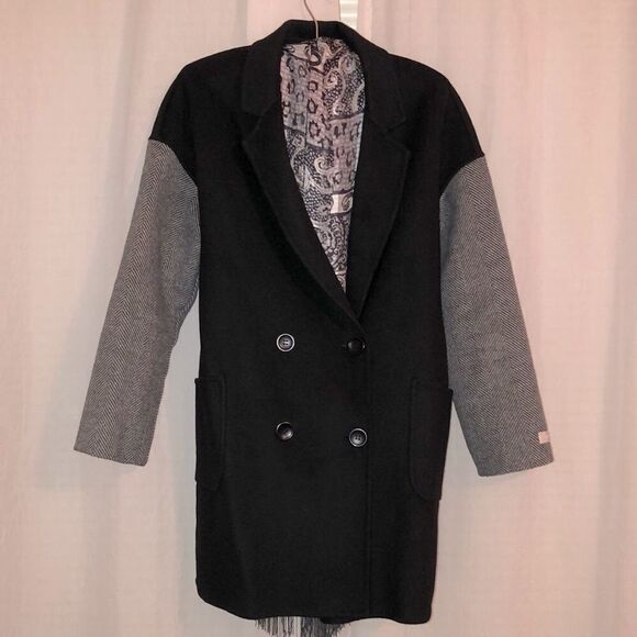 M Lightweight Wool Blend Double-breasted Black Gray Peacoat Overcoat - Picture 1 of 13